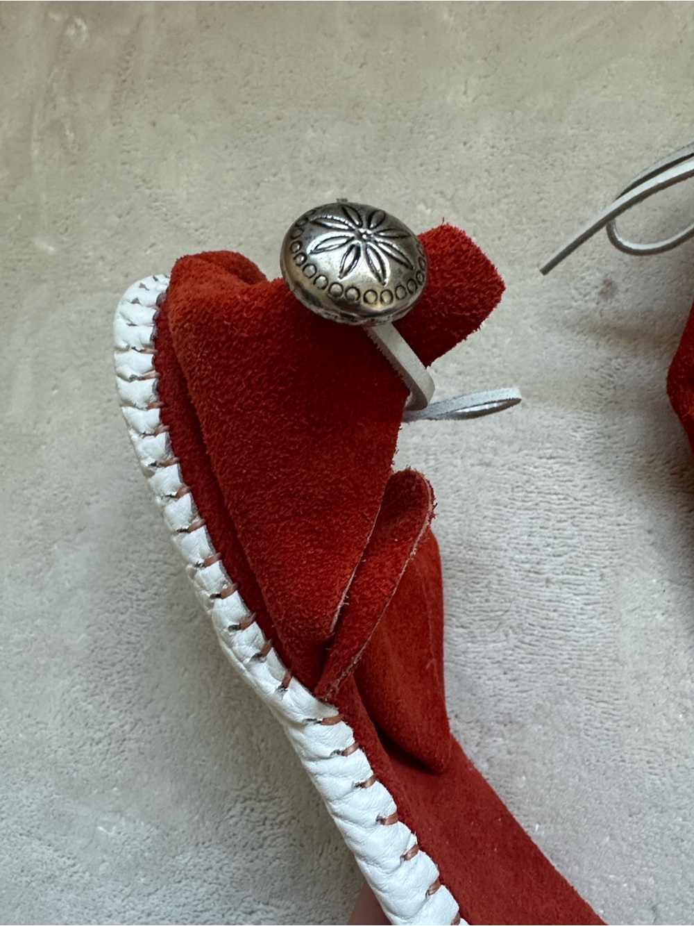 Rust Red Suede Moccasin Flats with White Lacing - Picture 8 of 13